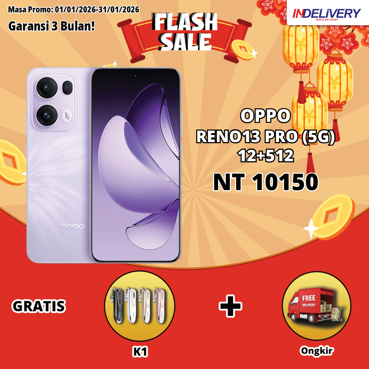 OPPO RENO13 PRO (5G) 12+512-HP DISPLAY(Garansi 3 Bulan)