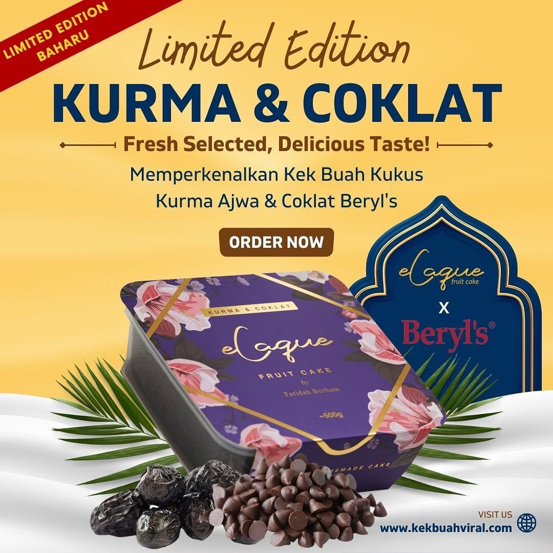 KEK KURMA AJWA COKLAT BERYL'S PERTAMA DI MALAYSIA  Limited Edition taww terhad 100 biji sahaja Semperna SYAWAL BAKAL TIBA... Kami keluarkan kek kurma coklat yang premium dipenuhi oleh Kurma Ajwa dan Coklat Chip Bery