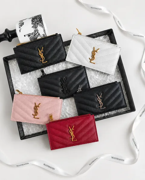 YSL CASSANDRE MATELASSÉ 粒面壓紋皮革多層式拉鏈卡片套 七色
