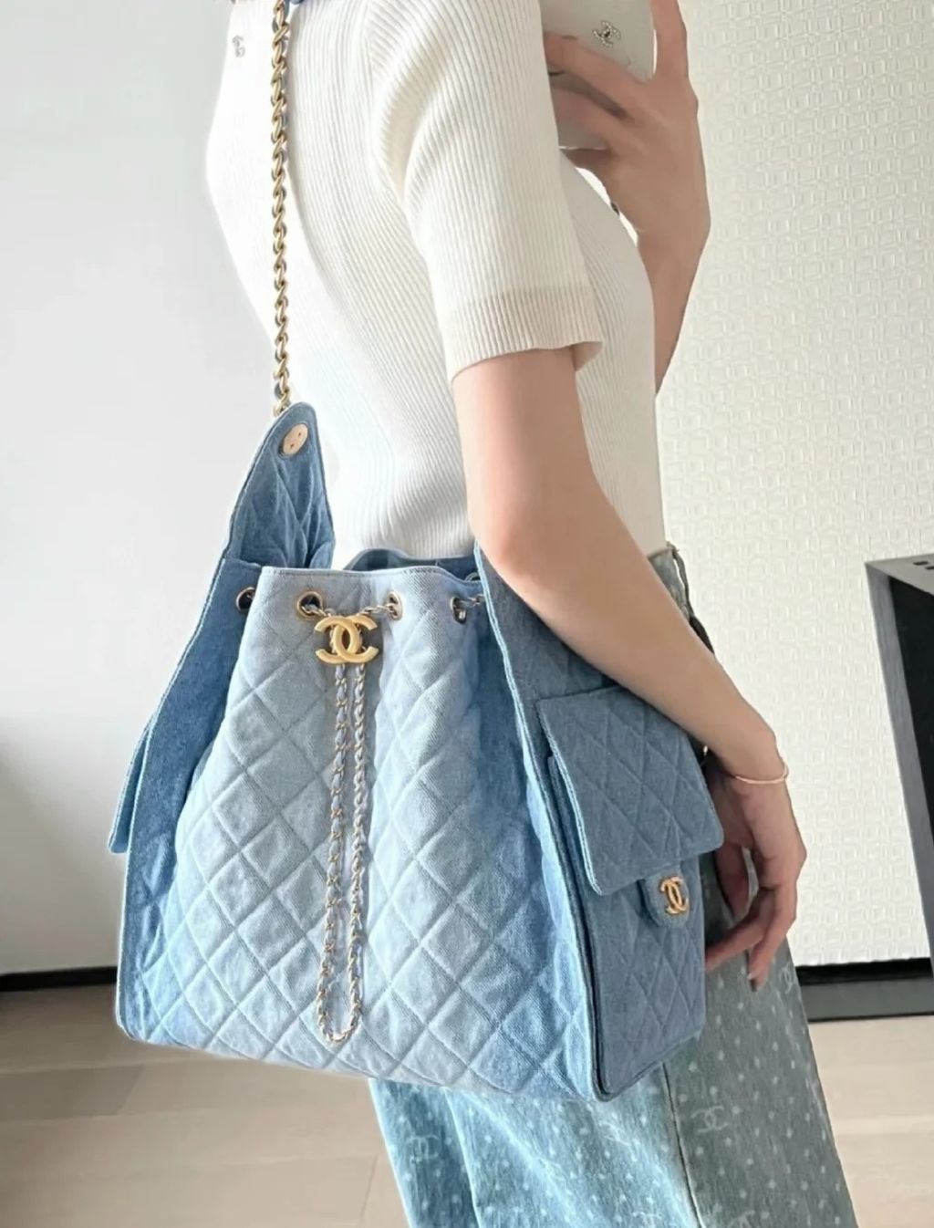 CHANEL 25C 25BAG 單寧牛仔藍中號 金扣4