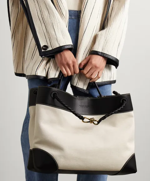 BOTTEGA VENETA ANDIAMO 帆布拼皮肩背包 帆布黑 大號10