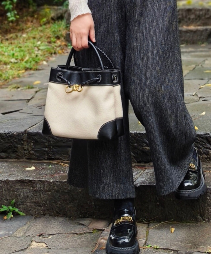 BOTTEGA VENETA ANDIAMO 帆布拼皮肩背包 帆布黑 小號:大號11