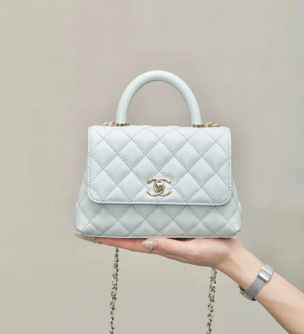 CHANEL 24K COCO HANDLE 經典手柄 魚子醬牛皮鏈條包 灰藍 MiNI:NANOmini2-2