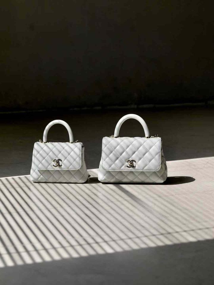 CHANEL 24K COCO HANDLE 經典手柄 魚子醬牛皮鏈條包 灰藍 NANO:MINI