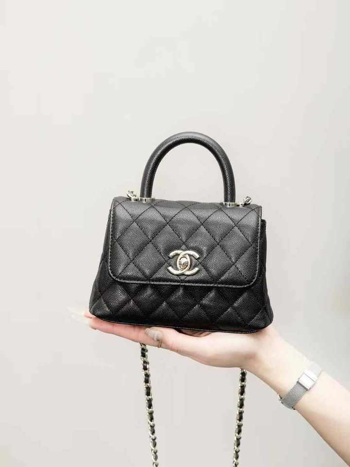 CHANEL 24K COCO HANDLE 經典手柄 魚子醬牛皮鏈條包 黑色 NANO:MINI 16.10.18