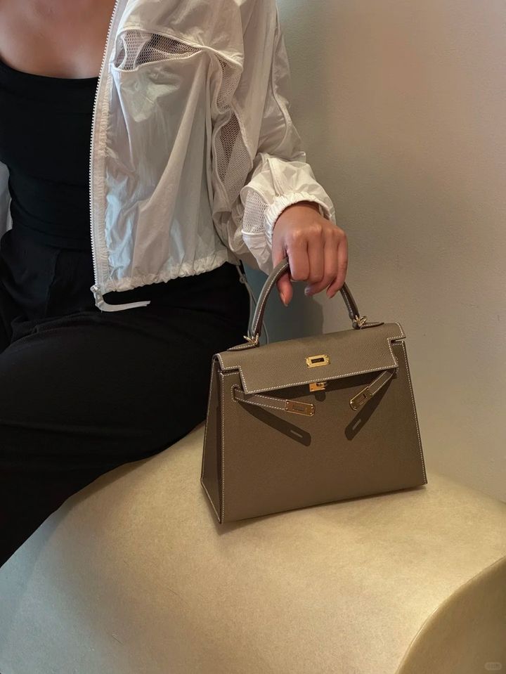 HERMES KELLY EPSOM皮 外縫 18大象灰色 金扣 凱莉包