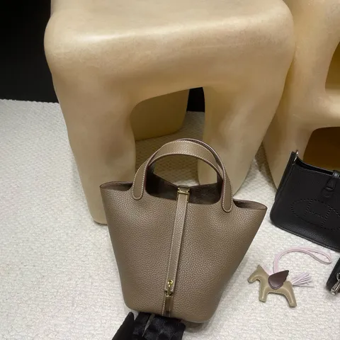 HERMES PICOTIN CLEMENCE皮 18大象灰色 金扣 菜籃子729