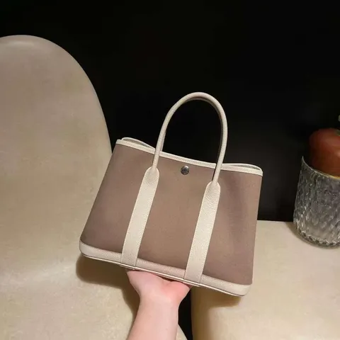 HERMES GARDEN PARTY 18大象灰帆布款拼10奶昔白色 花園包  下午1.31.04