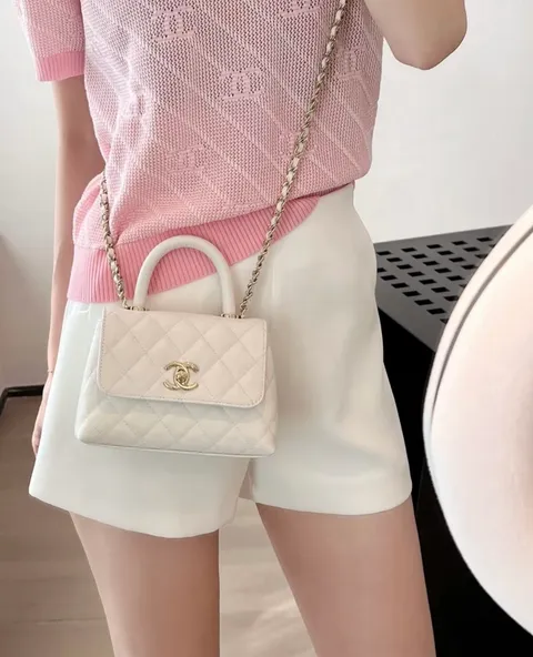 CHANEL 24K COCO HANDLE 經典手柄 魚子醬牛皮口蓋包 白色 NANO:MINI-7
