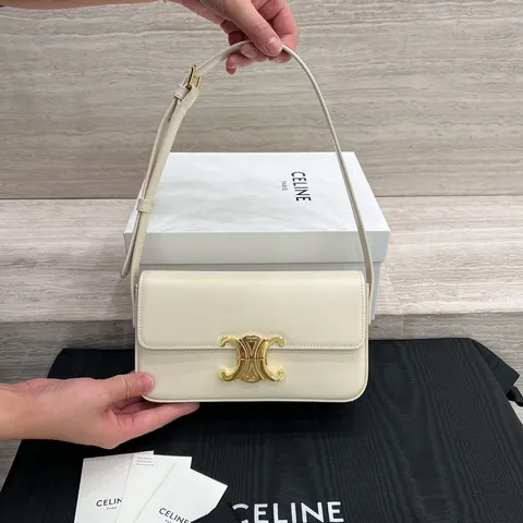 CELINE CLAUDE 亮澤皮革肩背包 米白色1448