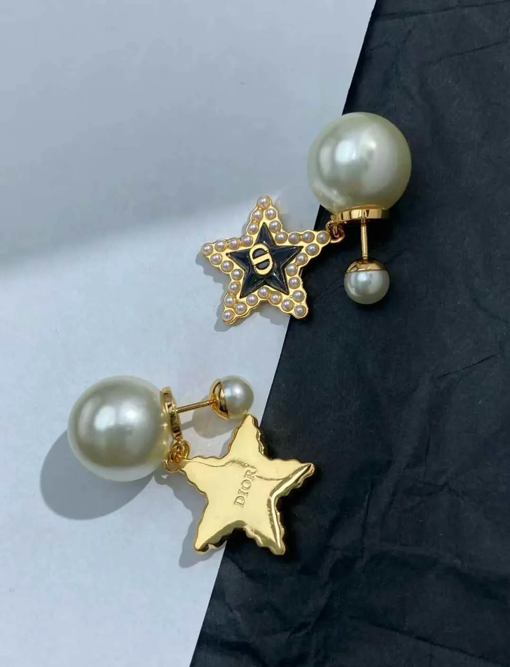 DIOR CD 藏藍色星星珍珠雙球耳環3