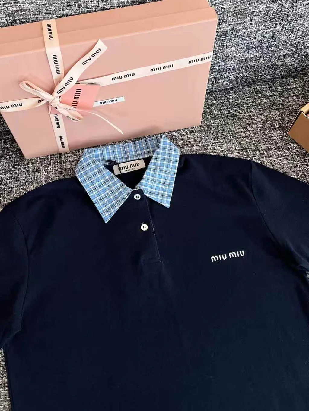 MIU MIU 假兩件格紋POLO衫短袖上衣 1