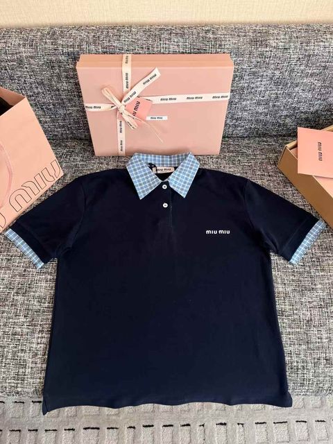 MIU MIU 假兩件格紋POLO衫短袖上衣 