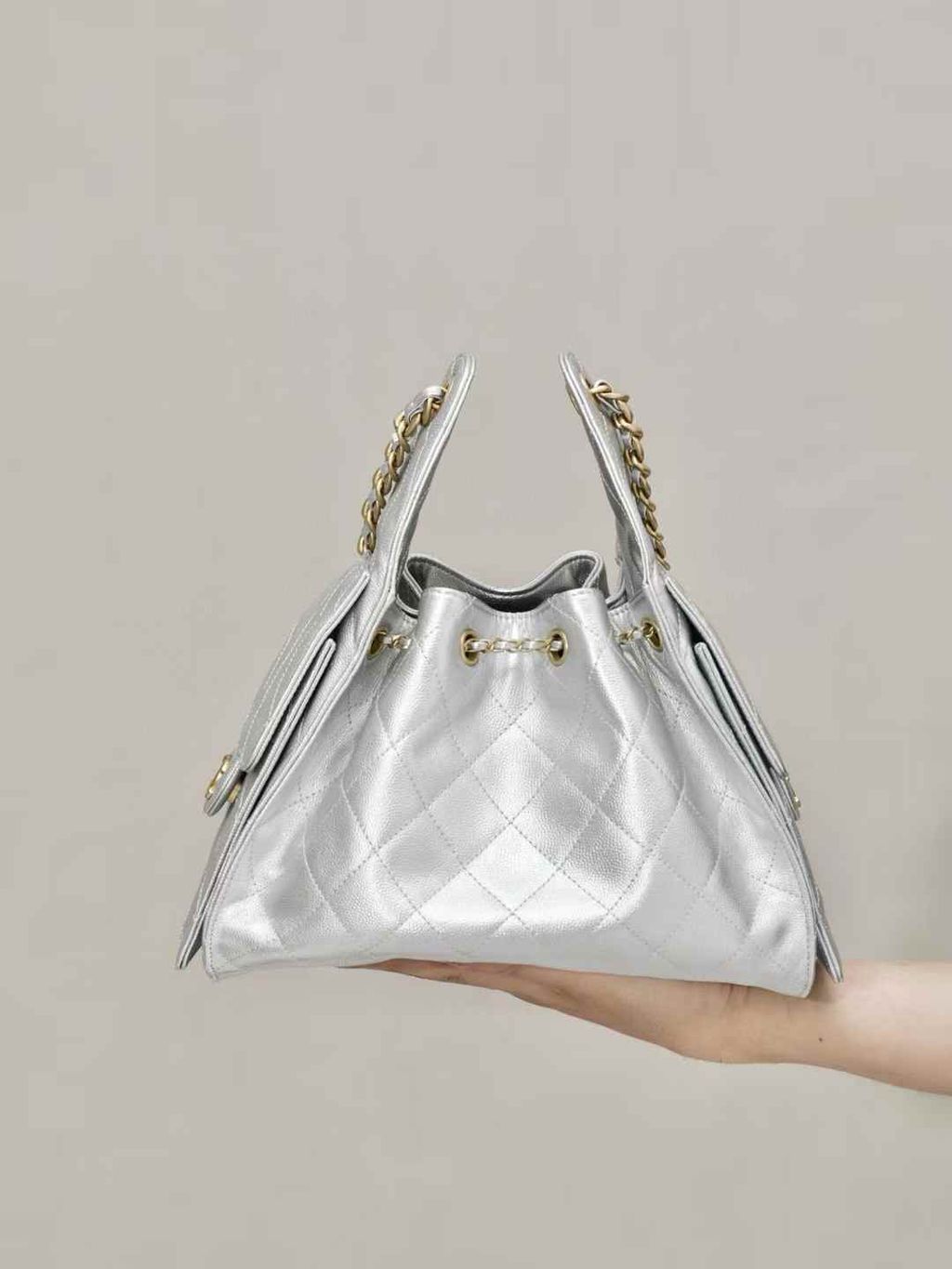 CHANEL 25BAG 牛皮魚子醬 銀色 14.10.05