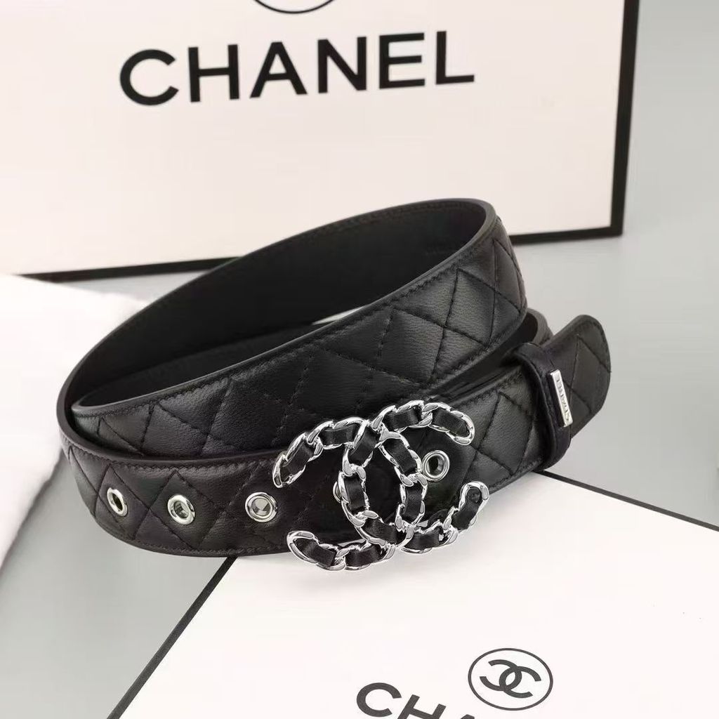 CHANEL 經典皮穿鏈雙C釦菱格腰帶 11