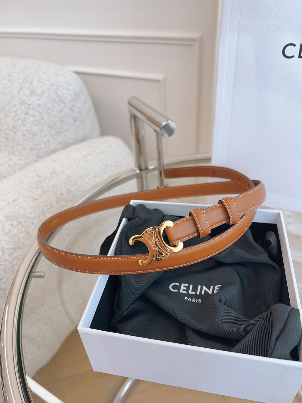 CELINE 平滑小牛皮TRIOMPHE皮帶 棕色金扣3