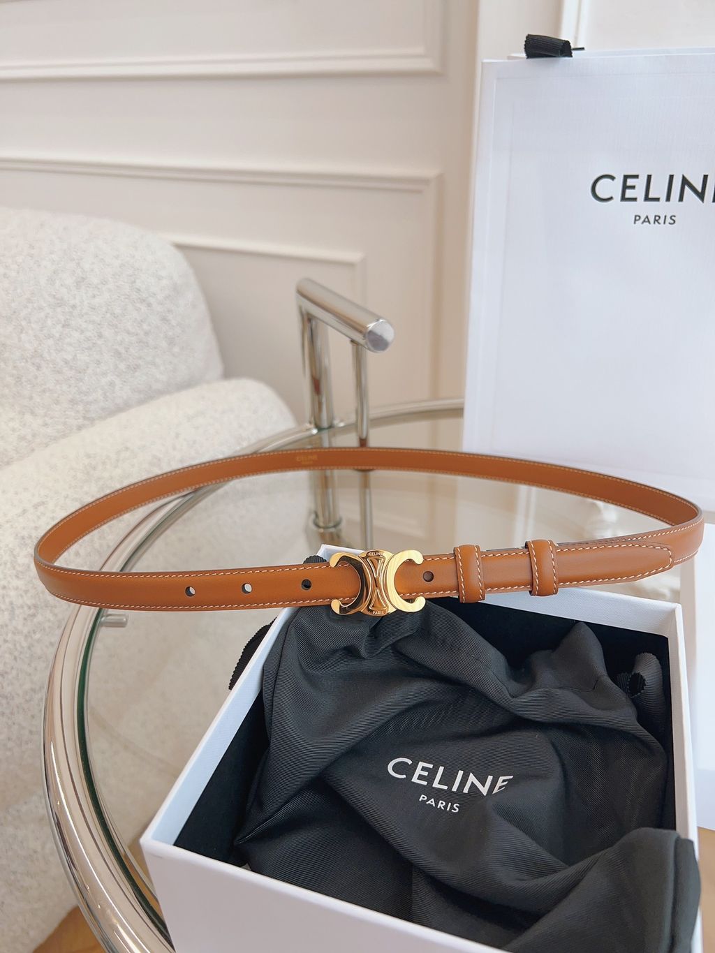 CELINE 平滑小牛皮TRIOMPHE皮帶 棕色金扣2