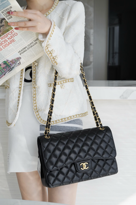 CHANEL 11.12 JUMBO 黑色牛皮經典口蓋包 CF30CM12