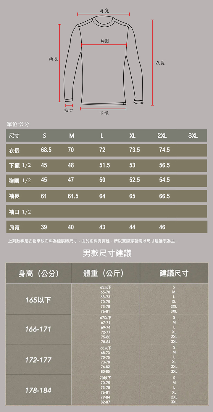 男 輕暖透氣長袖石墨烯羊毛圓領衫(643)尺寸表(改)