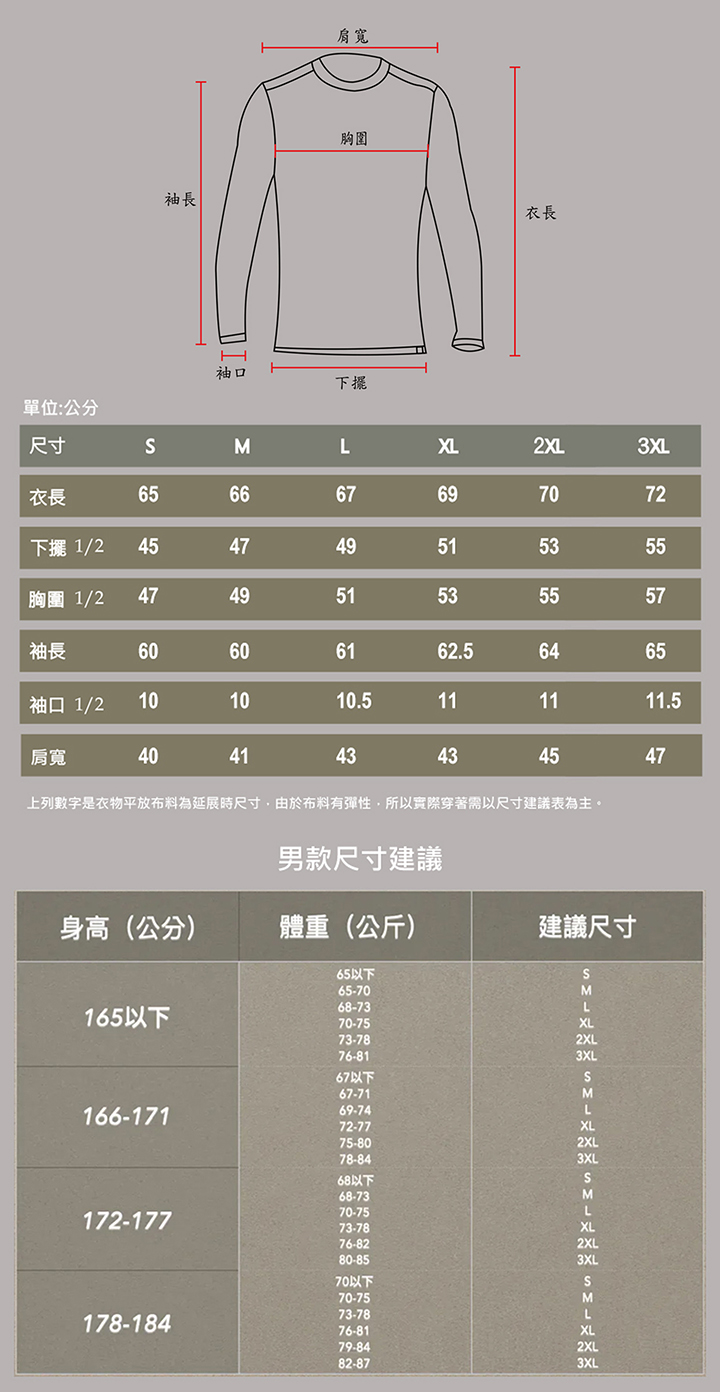男 輕柔溫控長袖石墨烯圓領衫(675)尺寸表(改)
