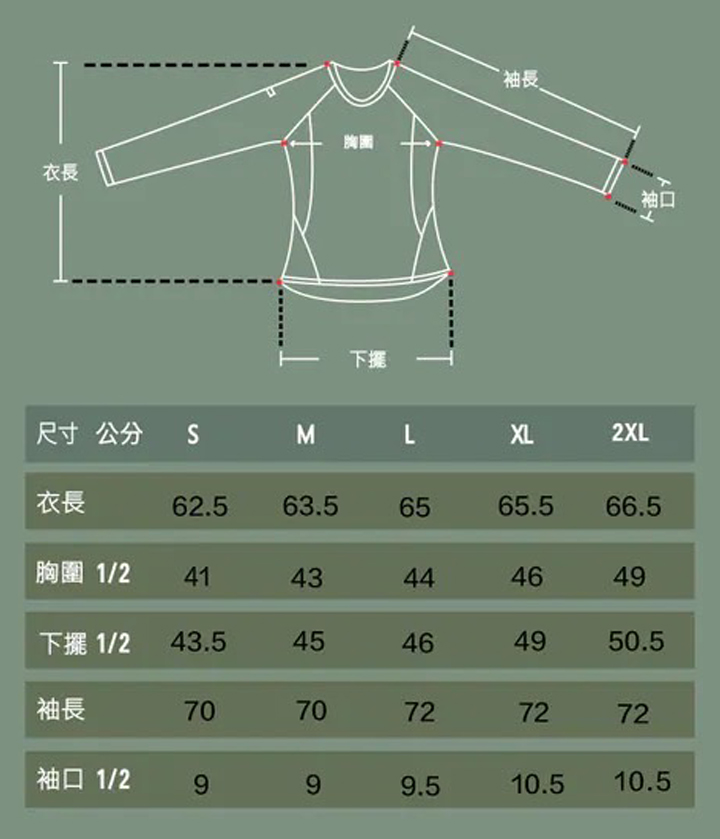 女 輕暖透氣長袖石墨烯羊毛V領衫(643)尺寸表(邢實量)