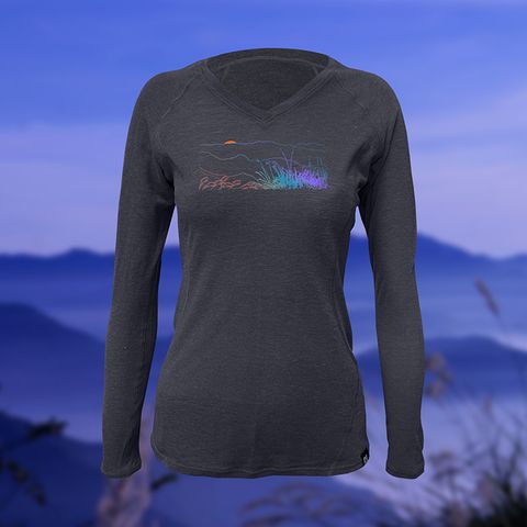 【Raw Light】女 霞谷 輕量溫控長袖羊毛石墨烯V領衫(青黑)