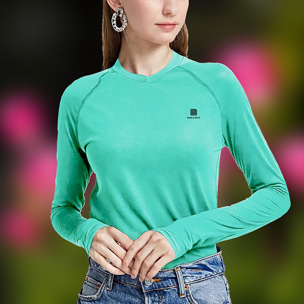 【Raw Light】女 輕柔溫控長袖石墨烯V領衫(湖水綠)