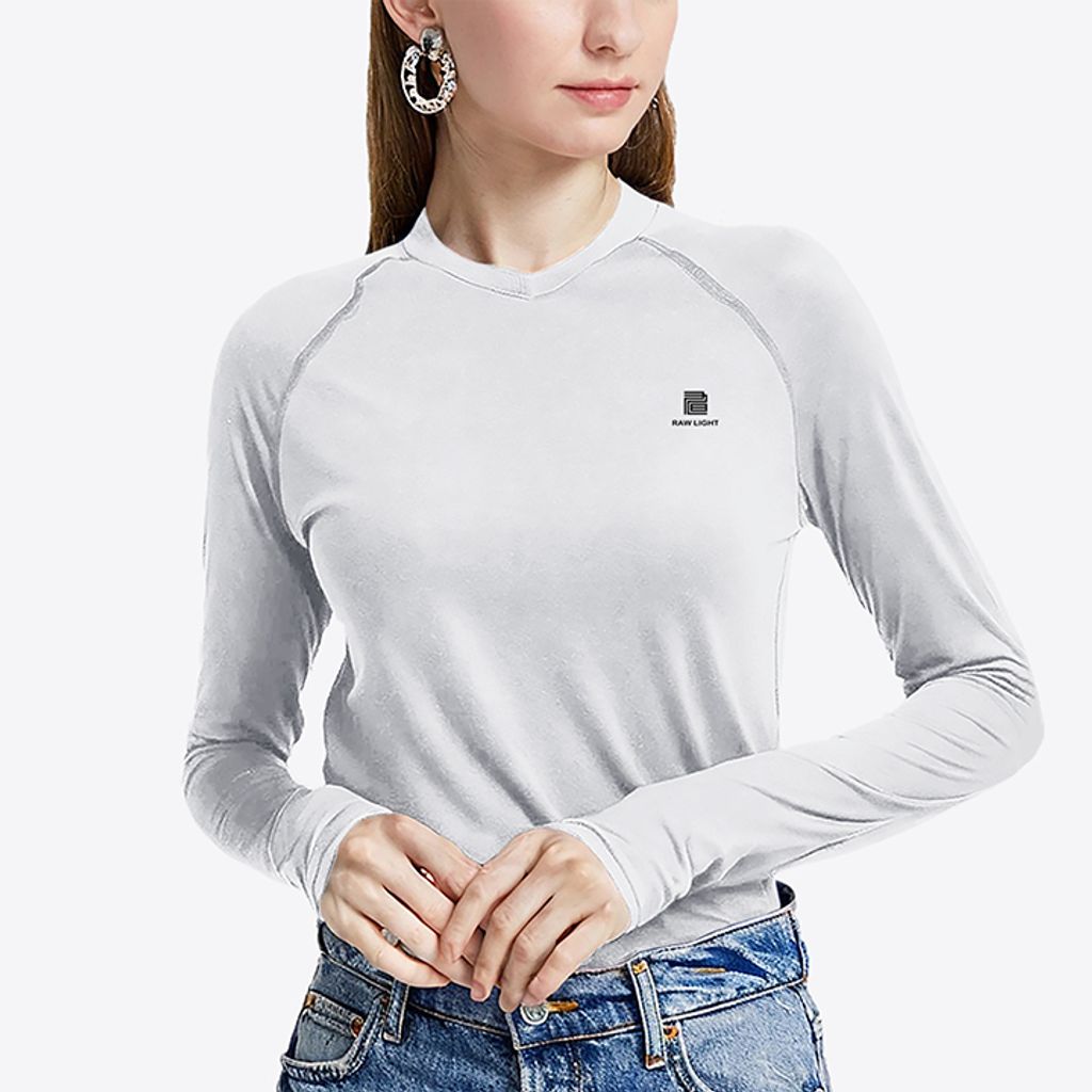 女 輕柔溫控長袖石墨烯V領衫(灰白)