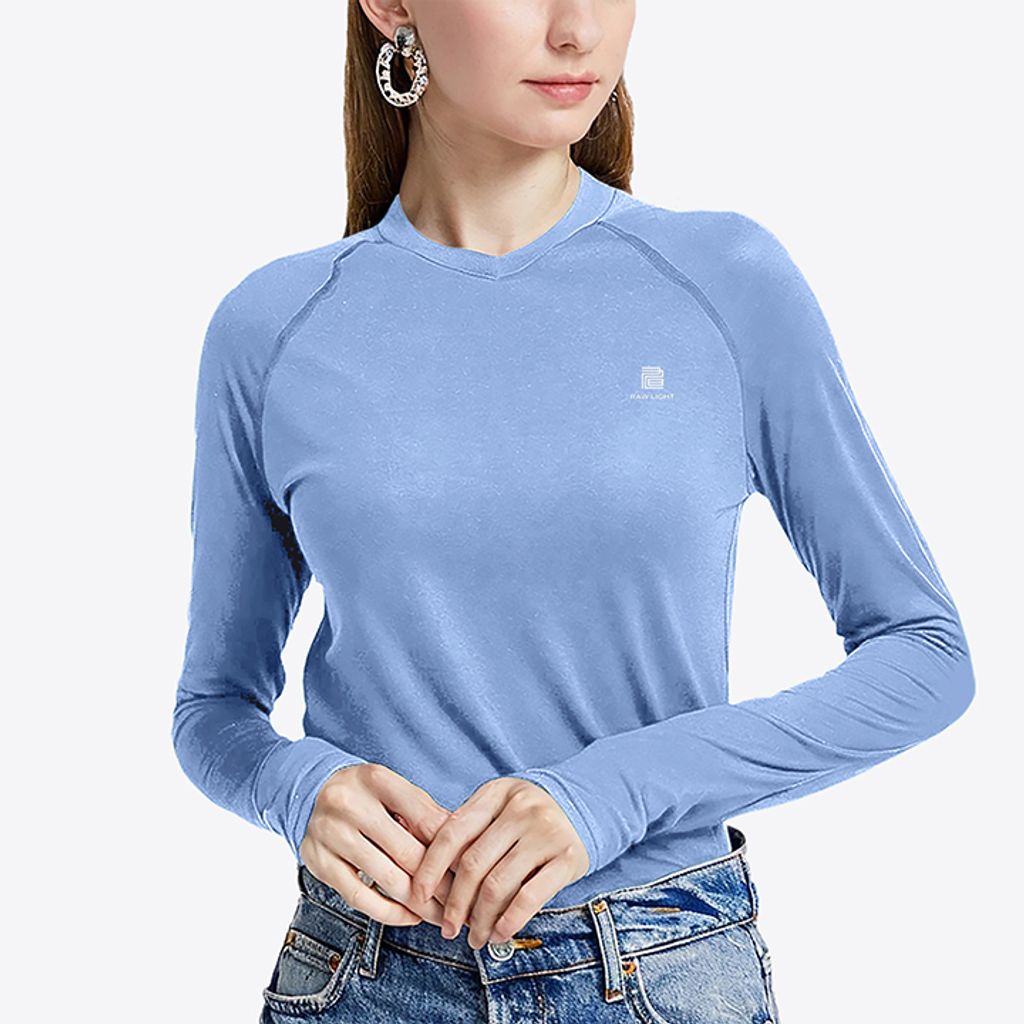 女 輕柔溫控長袖石墨烯V領衫((月光藍)