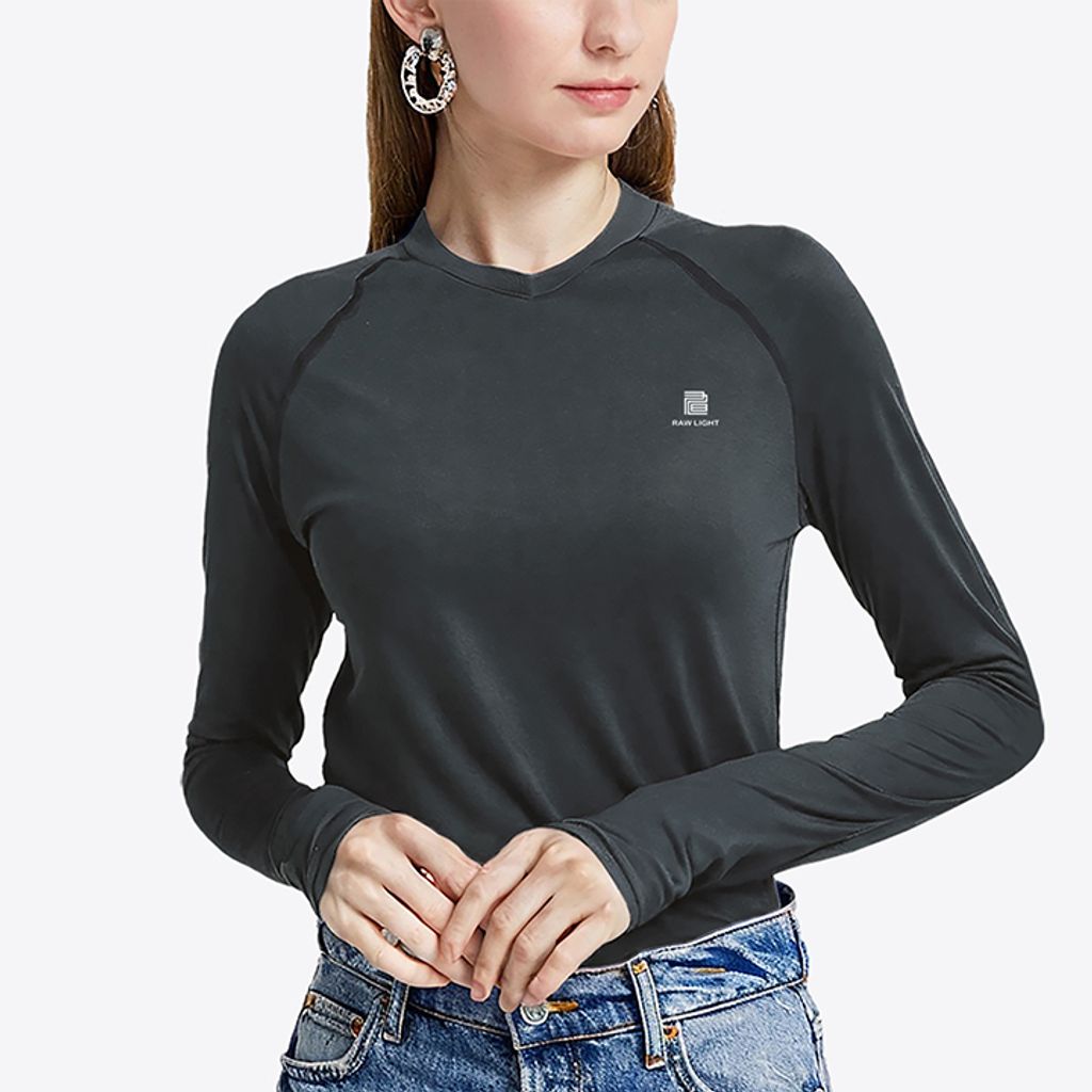 女 輕柔溫控長袖石墨烯V領衫(曜石灰)