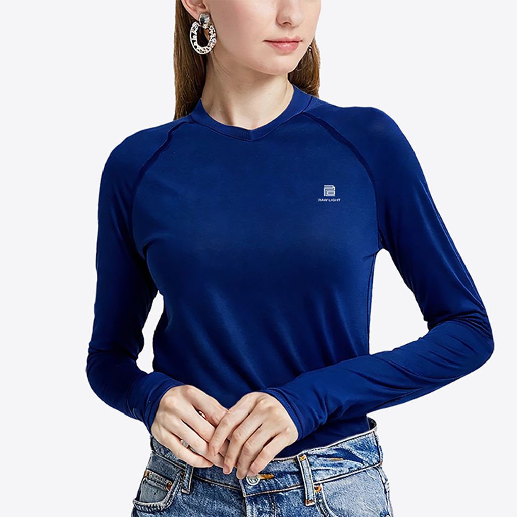 女 輕柔溫控長袖石墨烯V領衫(藏青)