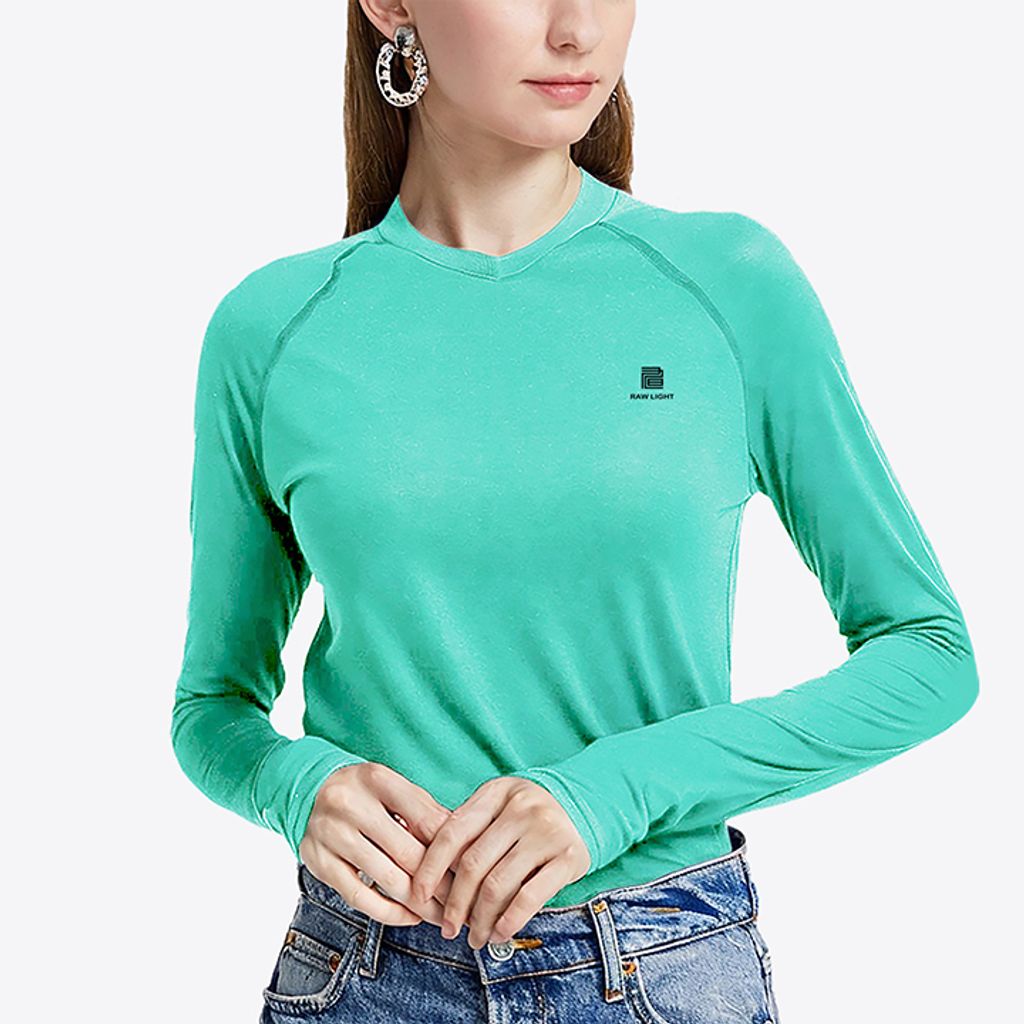 女 輕柔溫控長袖石墨烯V領衫(湖水綠)