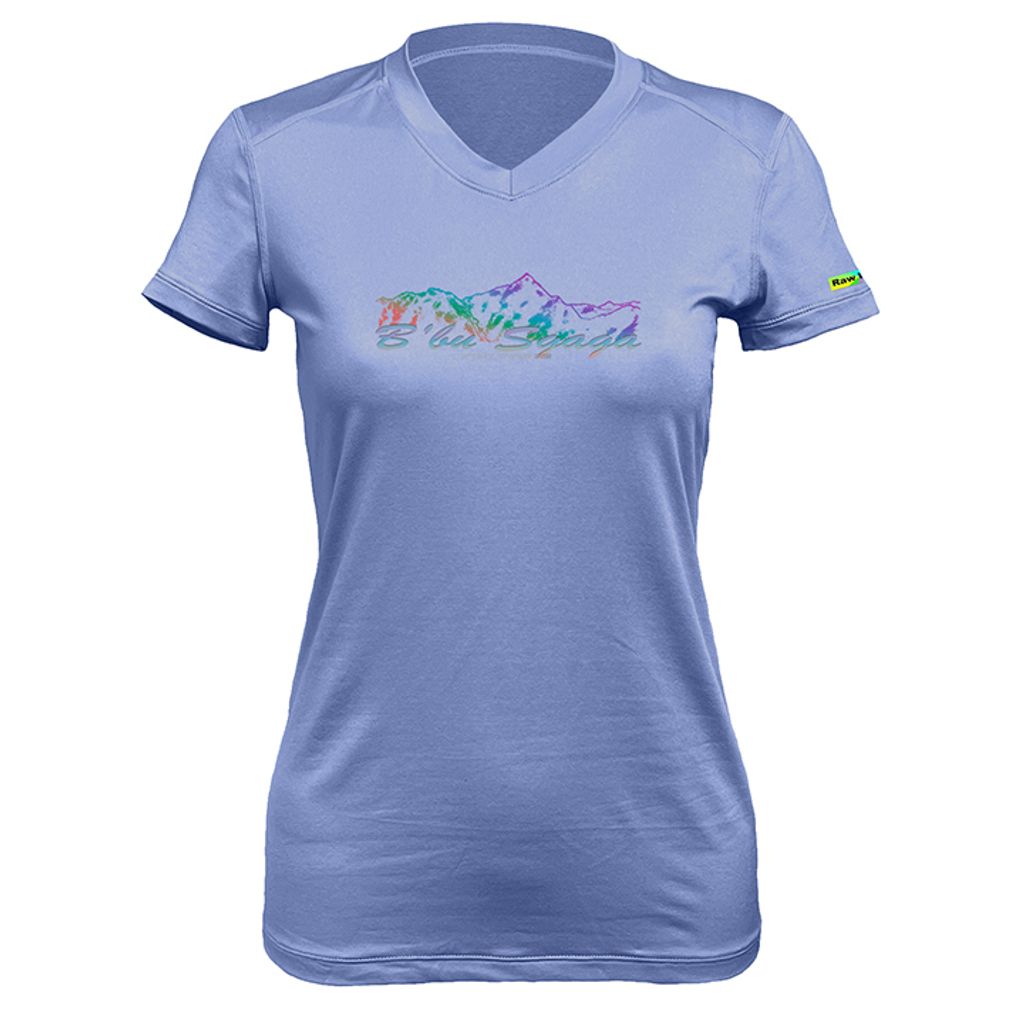 女 中央尖山 輕柔溫控短袖石墨烯V領衫(月光藍)