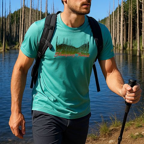 【Raw Light】男 水樣森林 輕柔溫控短袖石墨烯圓領衫(湖水綠)