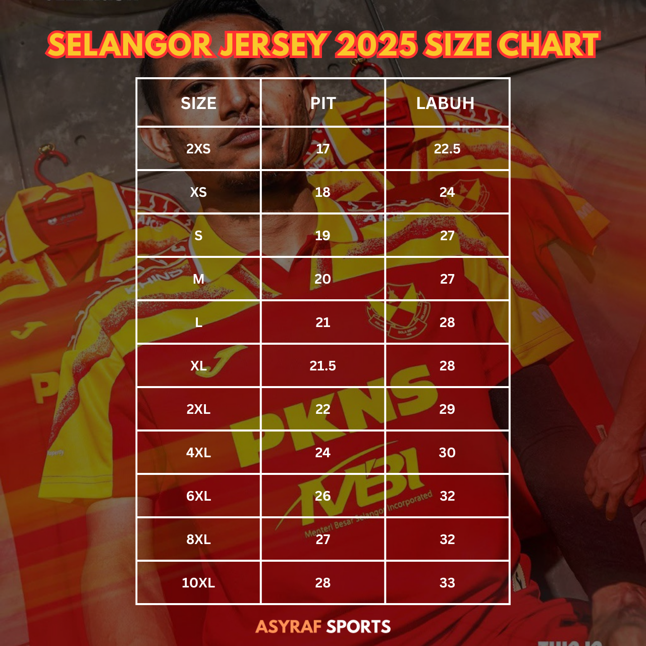 SIZE CHART JERSI SELANGOR