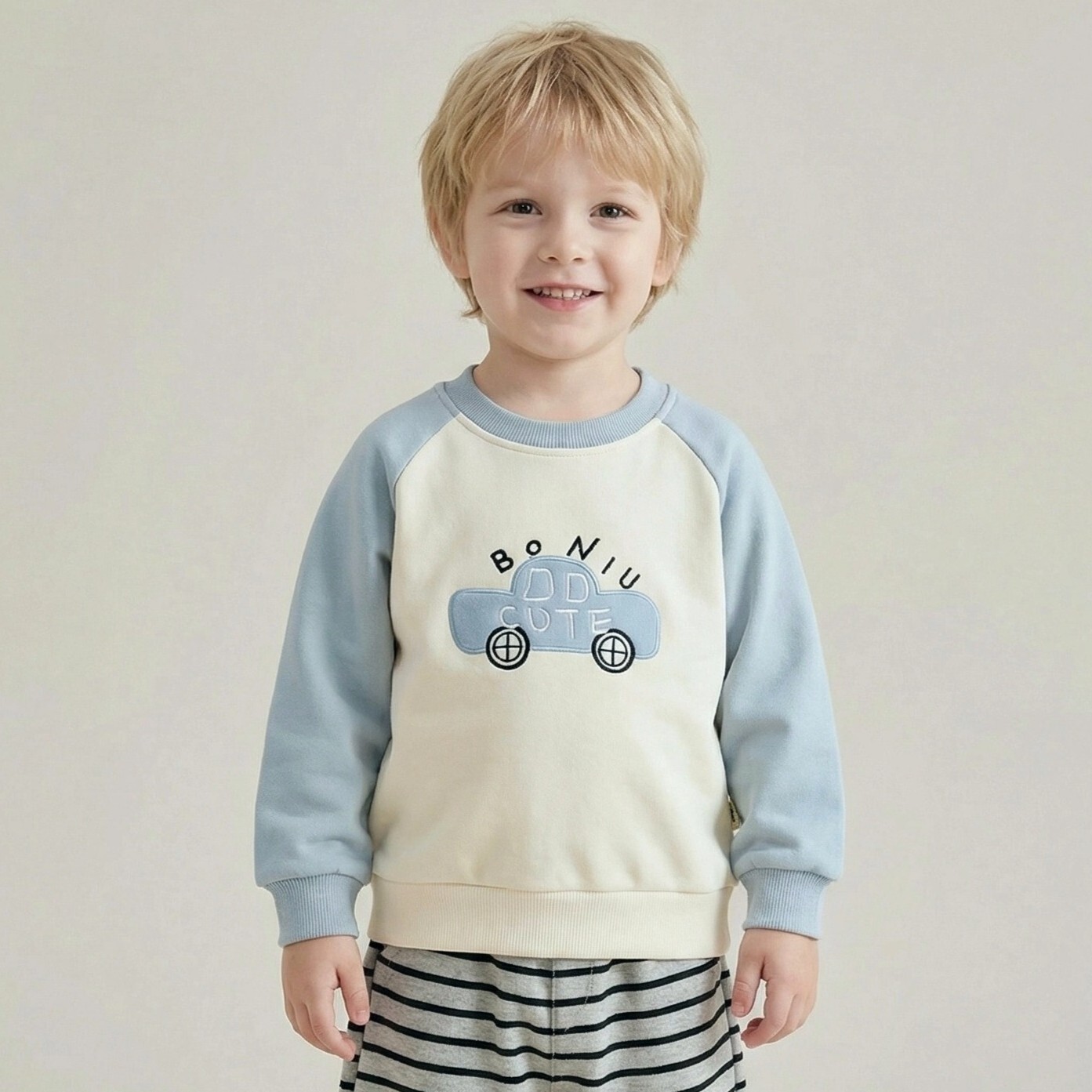 兒童棉質小汽車拼色長袖衛衣