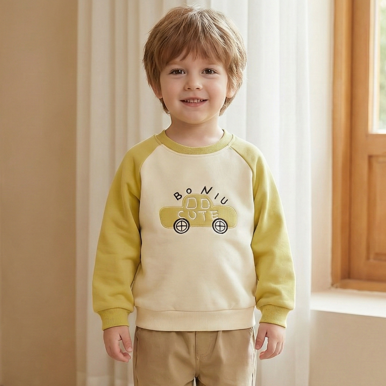 兒童棉質小汽車拼色長袖衛衣