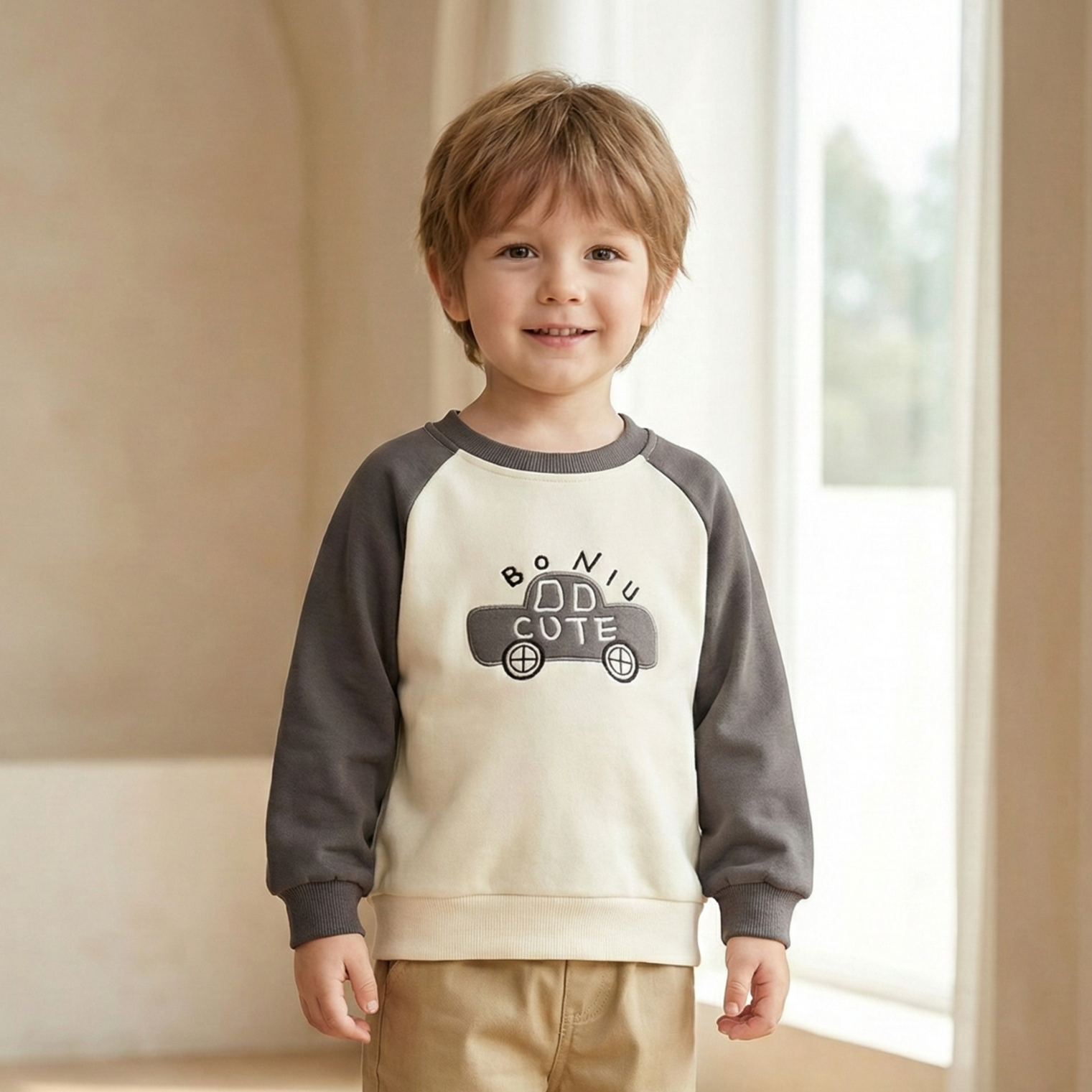 兒童棉質小汽車拼色長袖衛衣