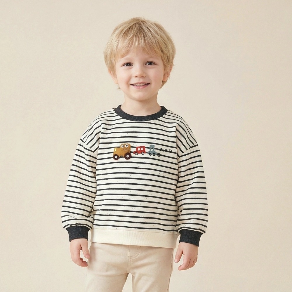 兒童小火車刺繡條紋長袖大學T(1)