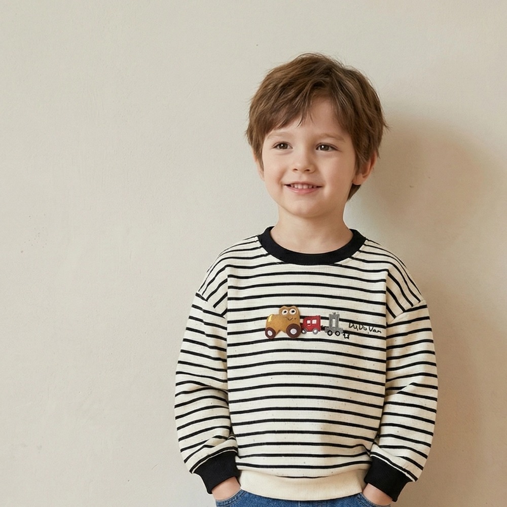 兒童小火車刺繡條紋長袖大學T(8)