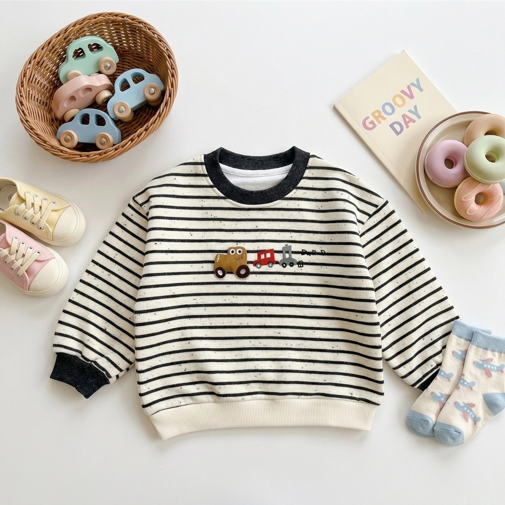 兒童小火車刺繡條紋長袖大學T(10)