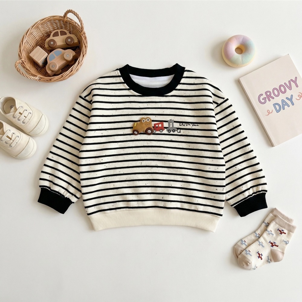 兒童小火車刺繡條紋長袖大學T(11)