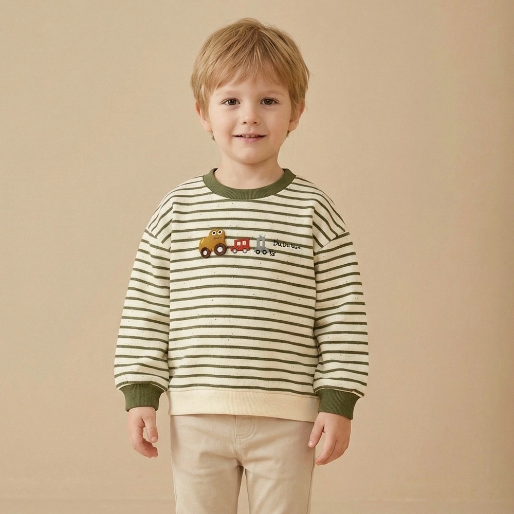 兒童小火車刺繡條紋長袖大學T (12)