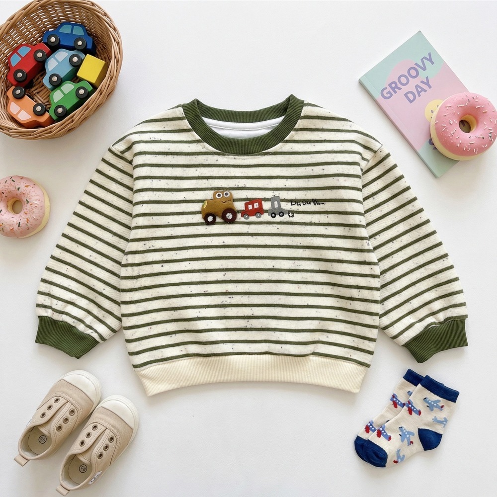 兒童小火車刺繡條紋長袖大學T(13)