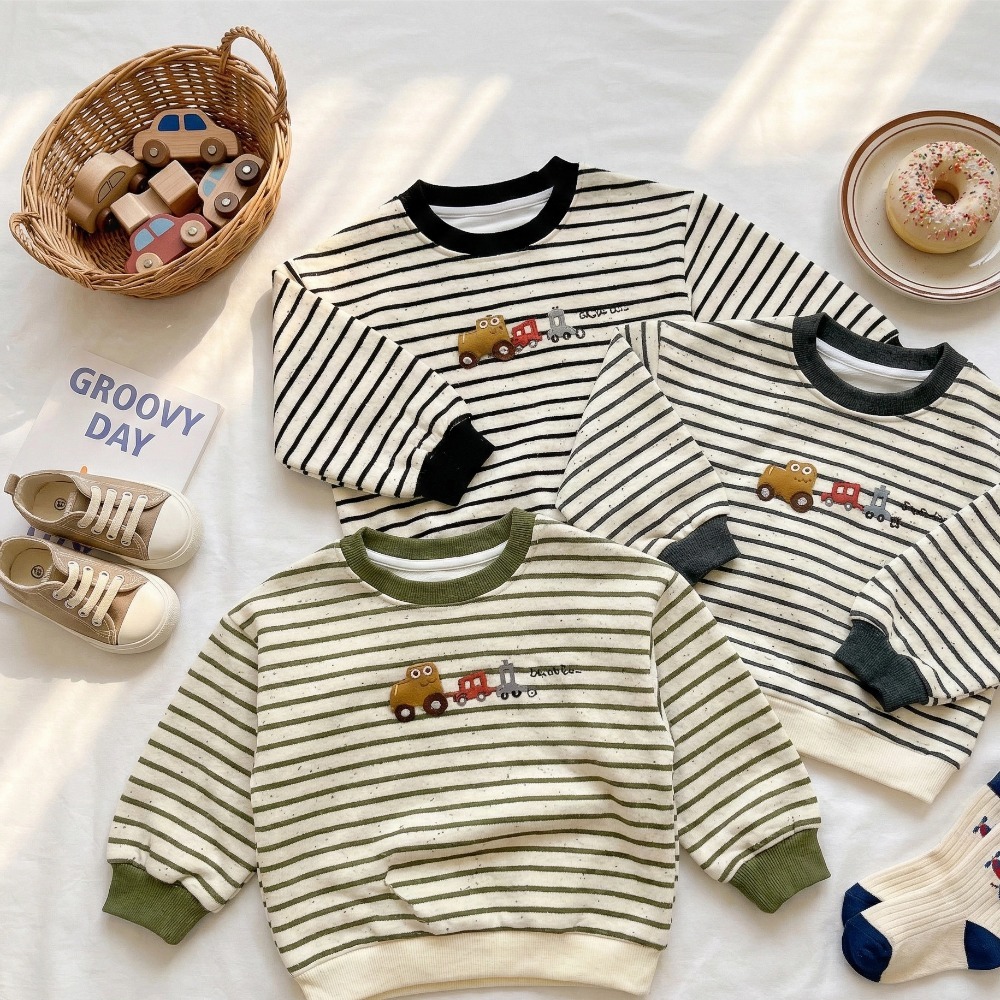 兒童小火車刺繡條紋長袖大學T(9)