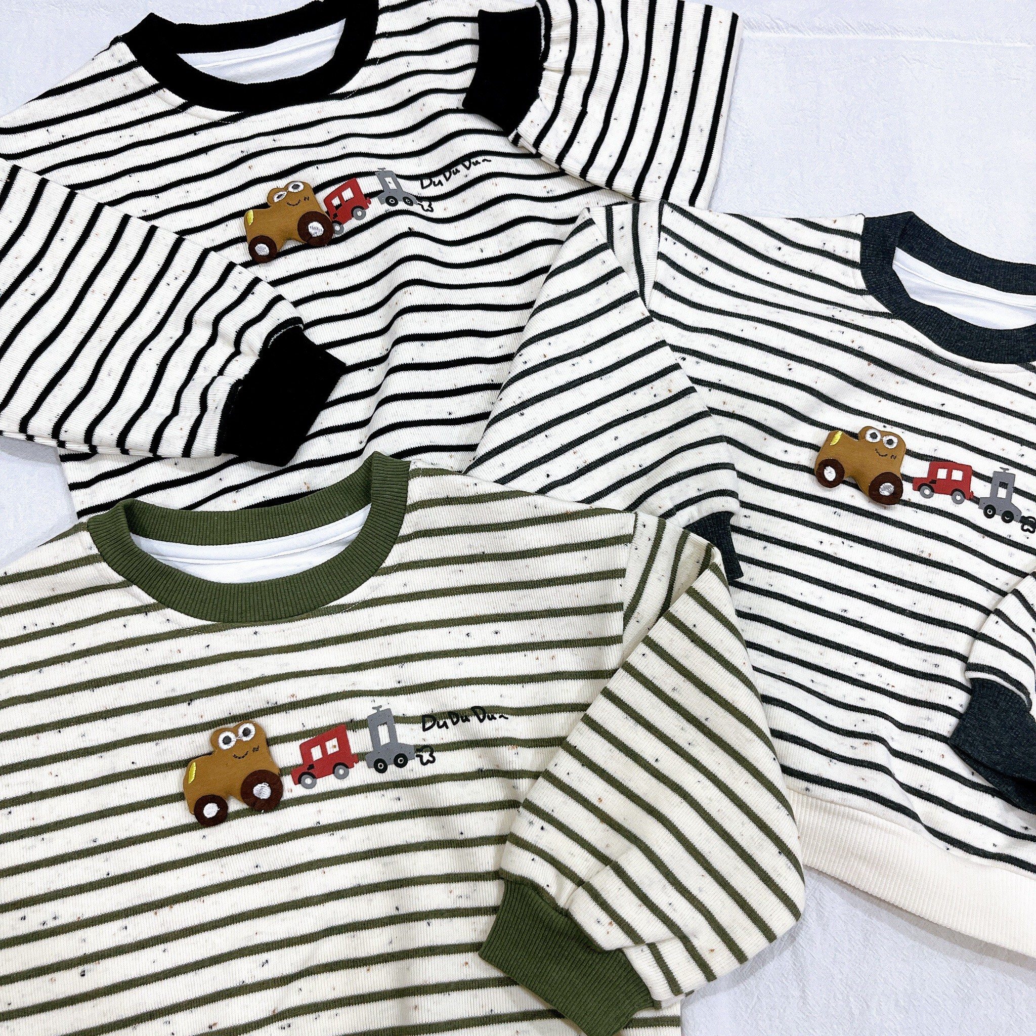 兒童小火車刺繡條紋長袖大學T(15)