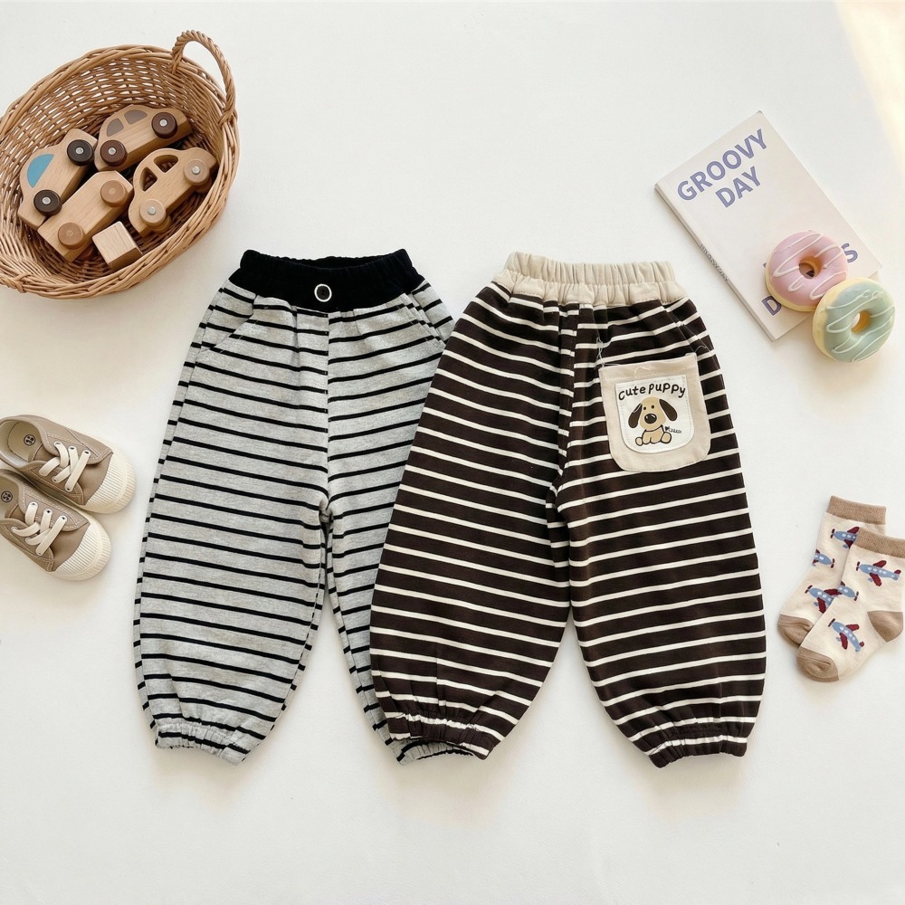 兒童可愛小狗貼布條紋長褲(8)