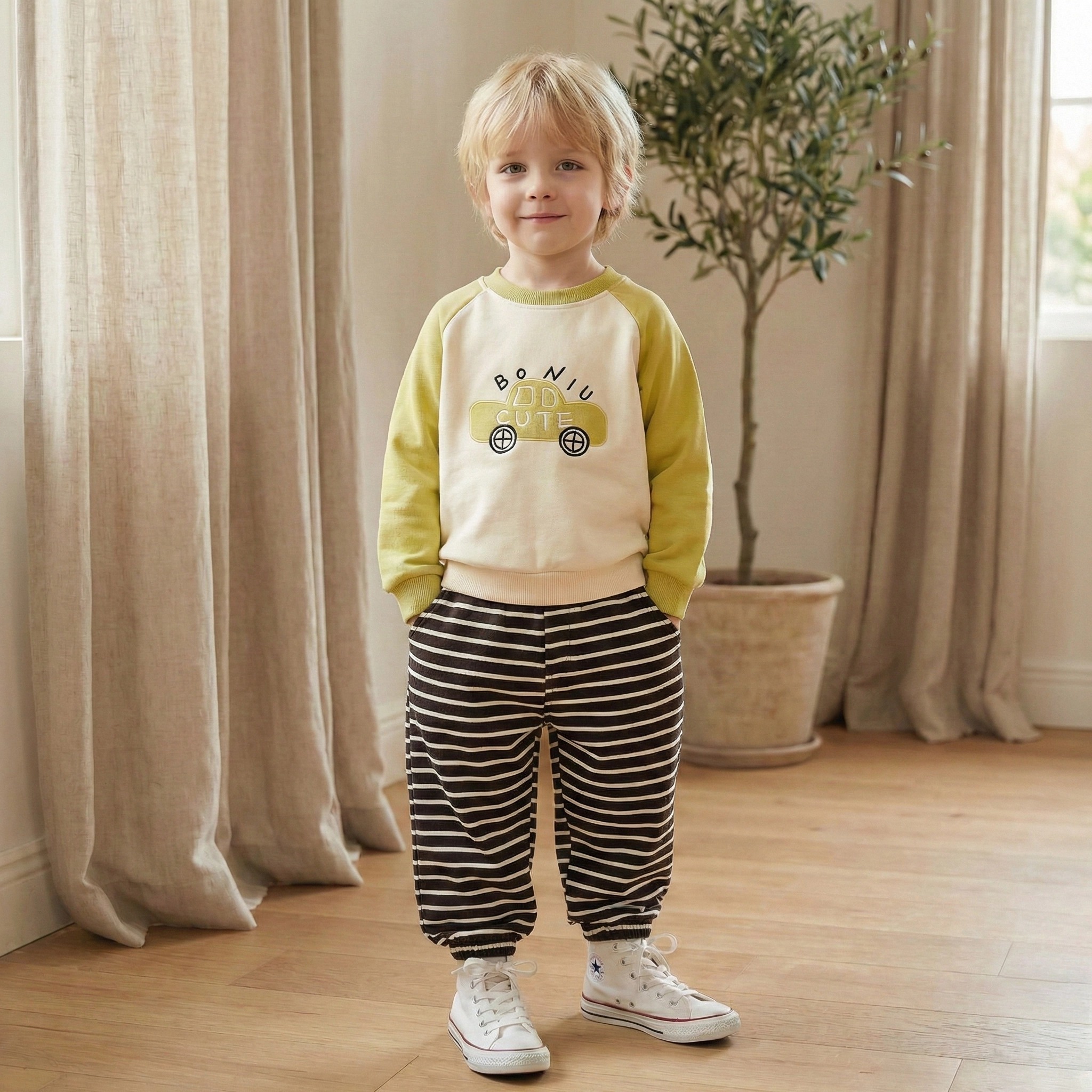 兒童可愛小狗貼布條紋長褲 (13)