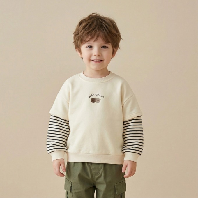 兒童假兩件條紋熊熊刺繡衛衣 (7)
