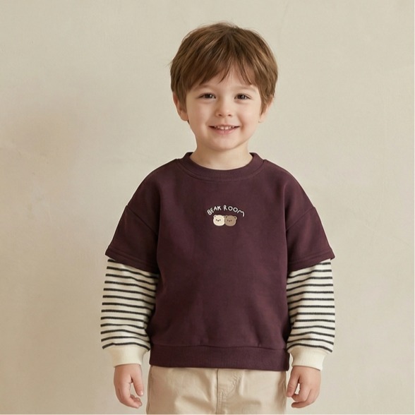 兒童假兩件條紋熊熊刺繡衛衣